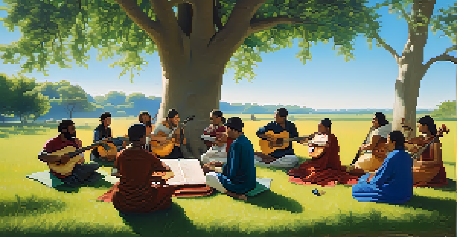 Musicians from different cultures collaborating outdoors in a circle, surrounded by nature.