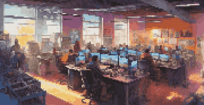 A busy video game development studio with diverse artists and sound designers working, adorned with gaming posters and colorful lights.