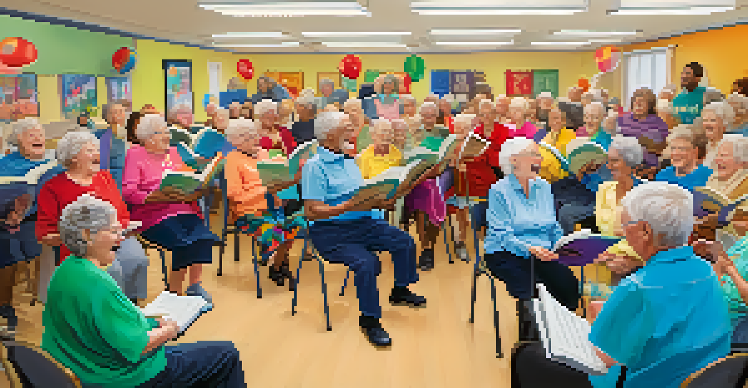 Seniors participating in a lively sing-along at a community center, holding songbooks and singing together with a facilitator leading.