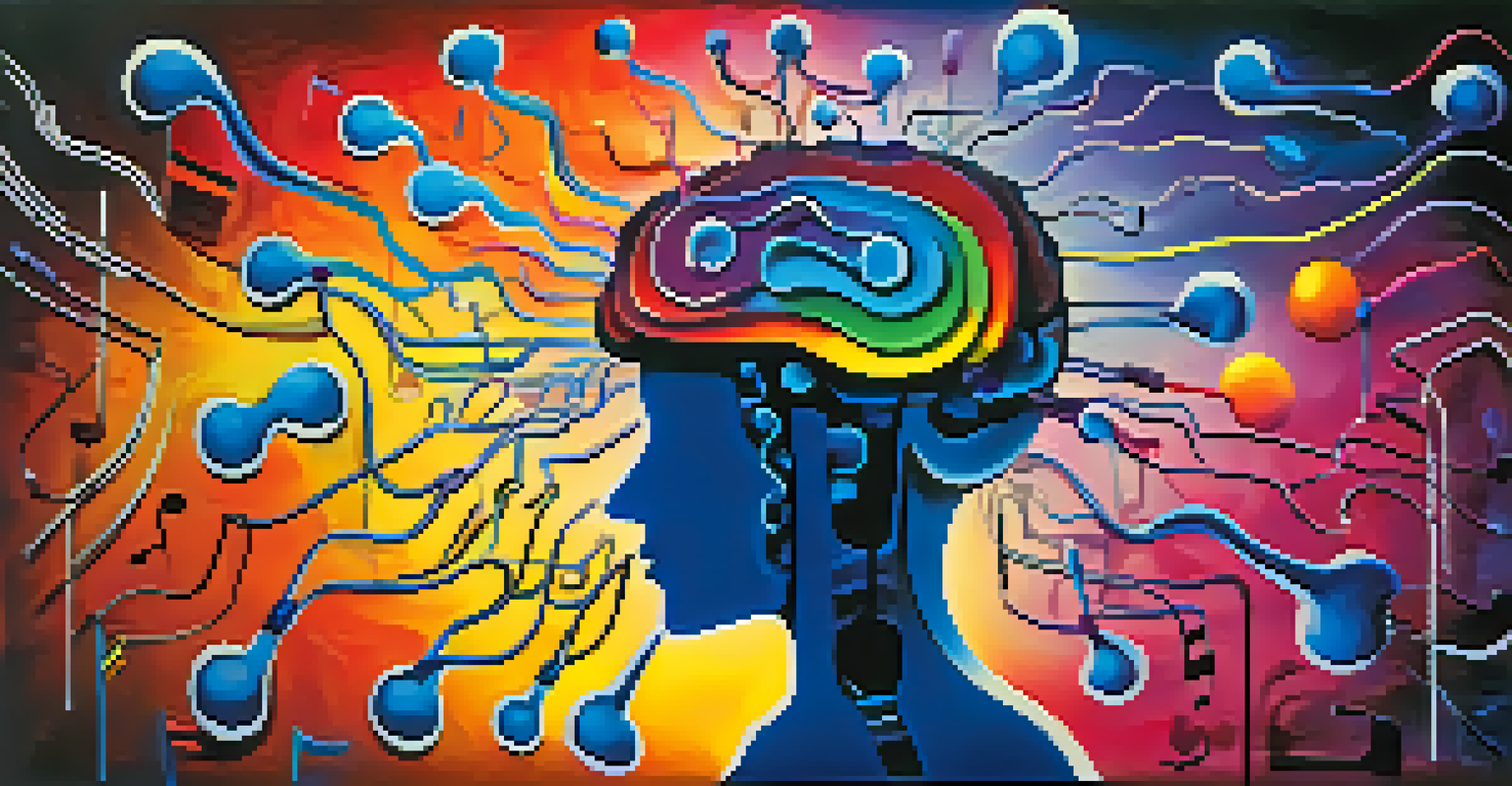A colorful illustration of the brain with neurotransmitters being released, represented as musical notes amidst rhythmic patterns, symbolizing the link between music and pain relief.