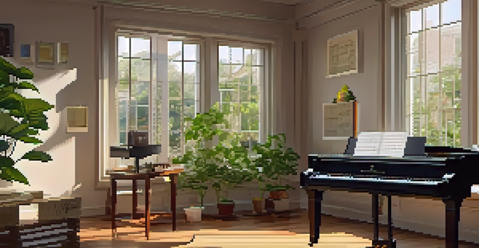 A music studio with a grand piano, scattered music sheets, and a computer showing music notation software, bathed in warm natural light.