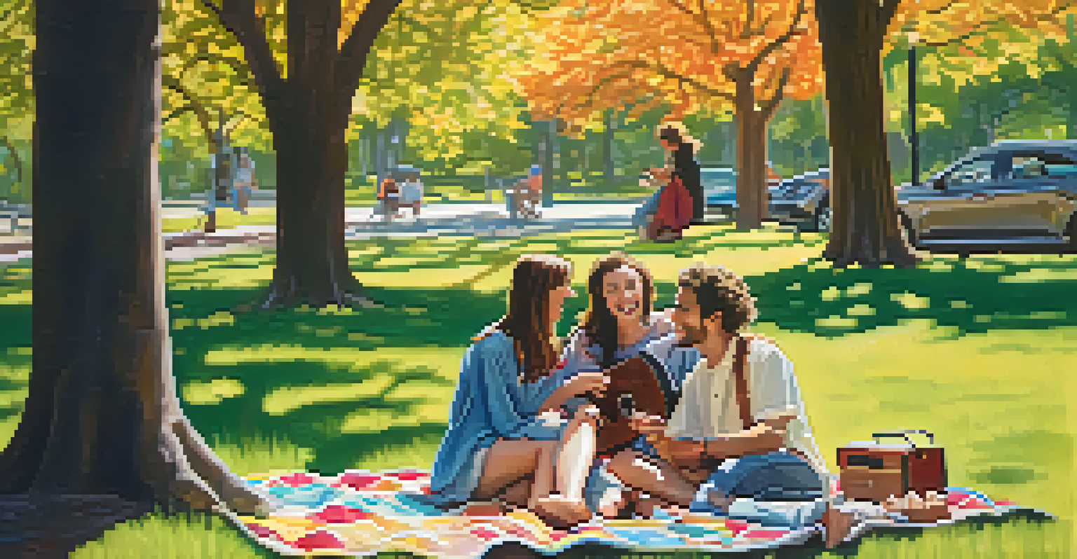 Friends enjoying a picnic in a park, sharing music and laughter surrounded by nature.