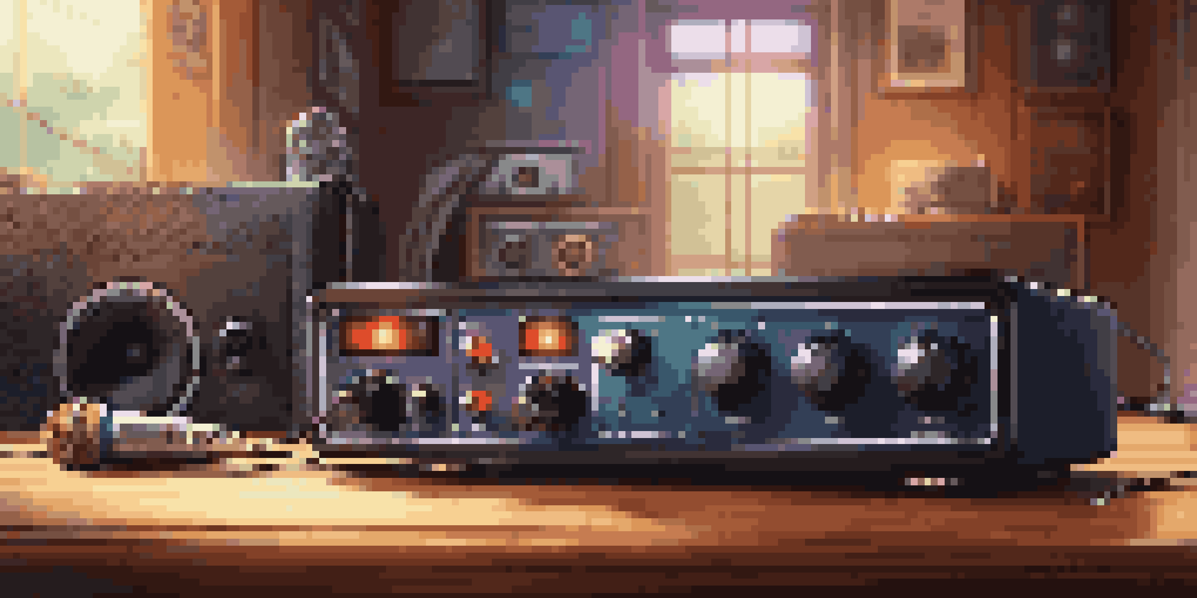 A detailed view of an audio interface with musical instruments on a desk, illuminated by natural light.