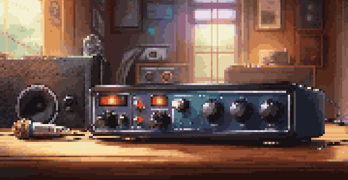 A detailed view of an audio interface with musical instruments on a desk, illuminated by natural light.