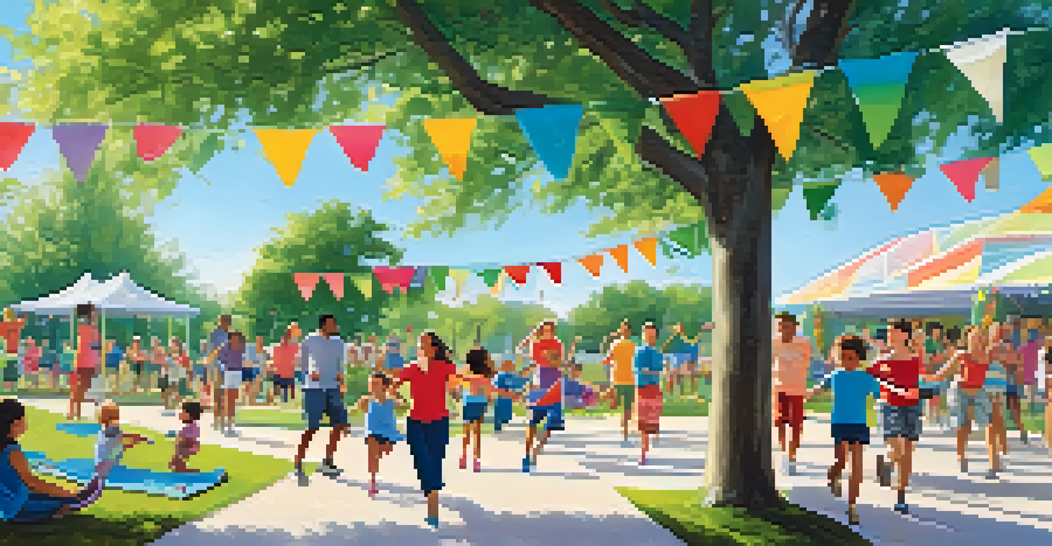 Families enjoying an outdoor music and exercise class in a park, with parents and children dancing together amidst greenery and colorful decorations.