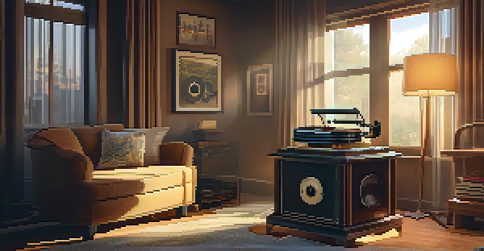 A vintage phonograph in a cozy living room with soft lighting and vinyl records nearby.