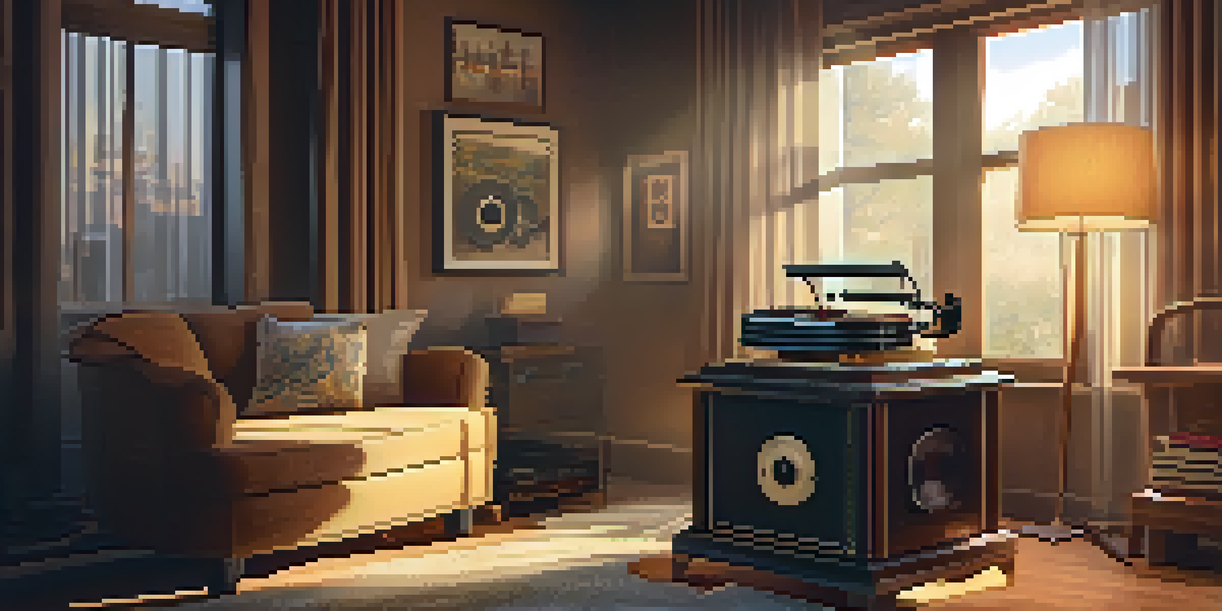 A vintage phonograph in a cozy living room with soft lighting and vinyl records nearby.
