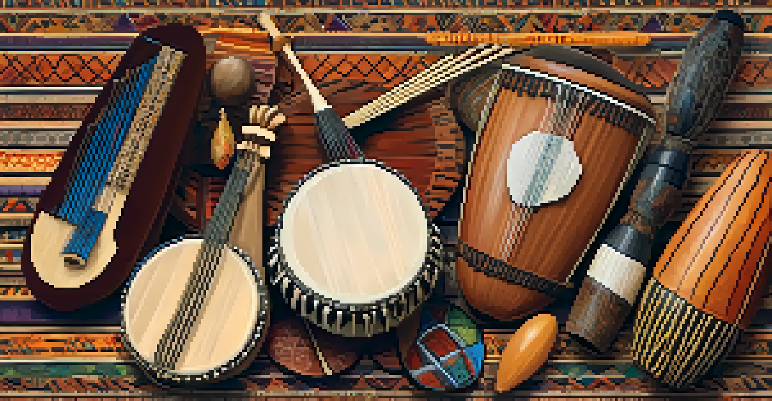 A collage of traditional African musical instruments like the mbira and djembe, artistically arranged on textured fabric, highlighting their rich colors and intricate details.