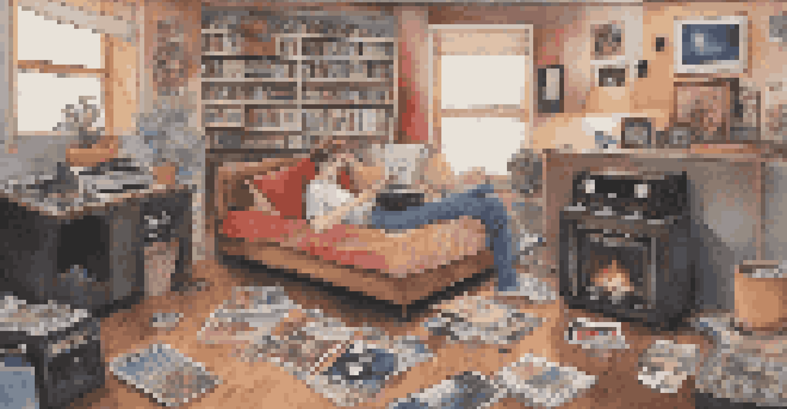 A room decorated with boy band posters and a girl sitting on the floor with a photo album.