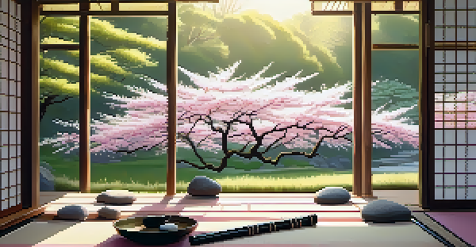 A peaceful Japanese Zen garden at sunrise with a Shakuhachi flute on a bamboo mat, surrounded by cherry blossom trees.