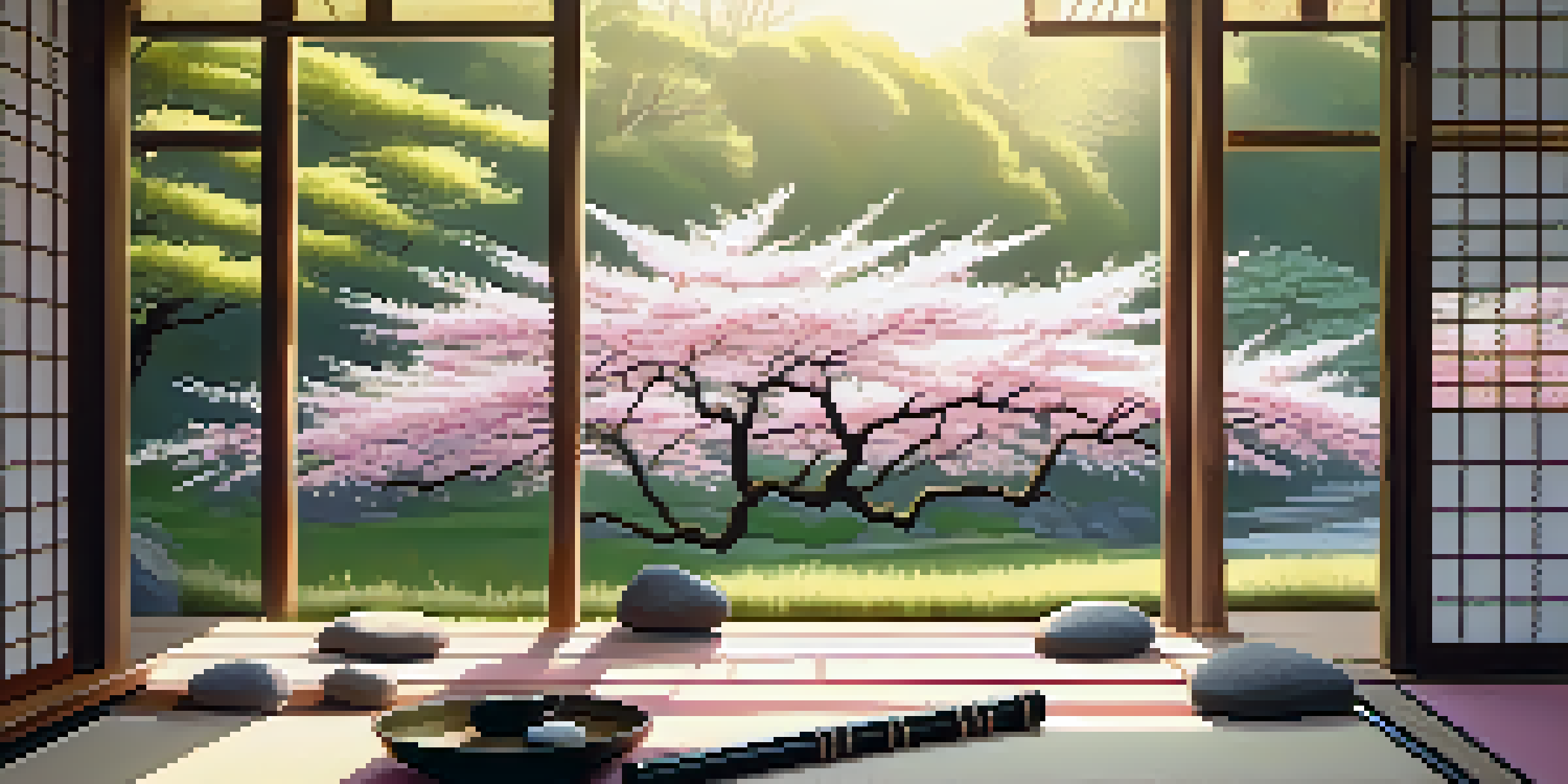 A peaceful Japanese Zen garden at sunrise with a Shakuhachi flute on a bamboo mat, surrounded by cherry blossom trees.