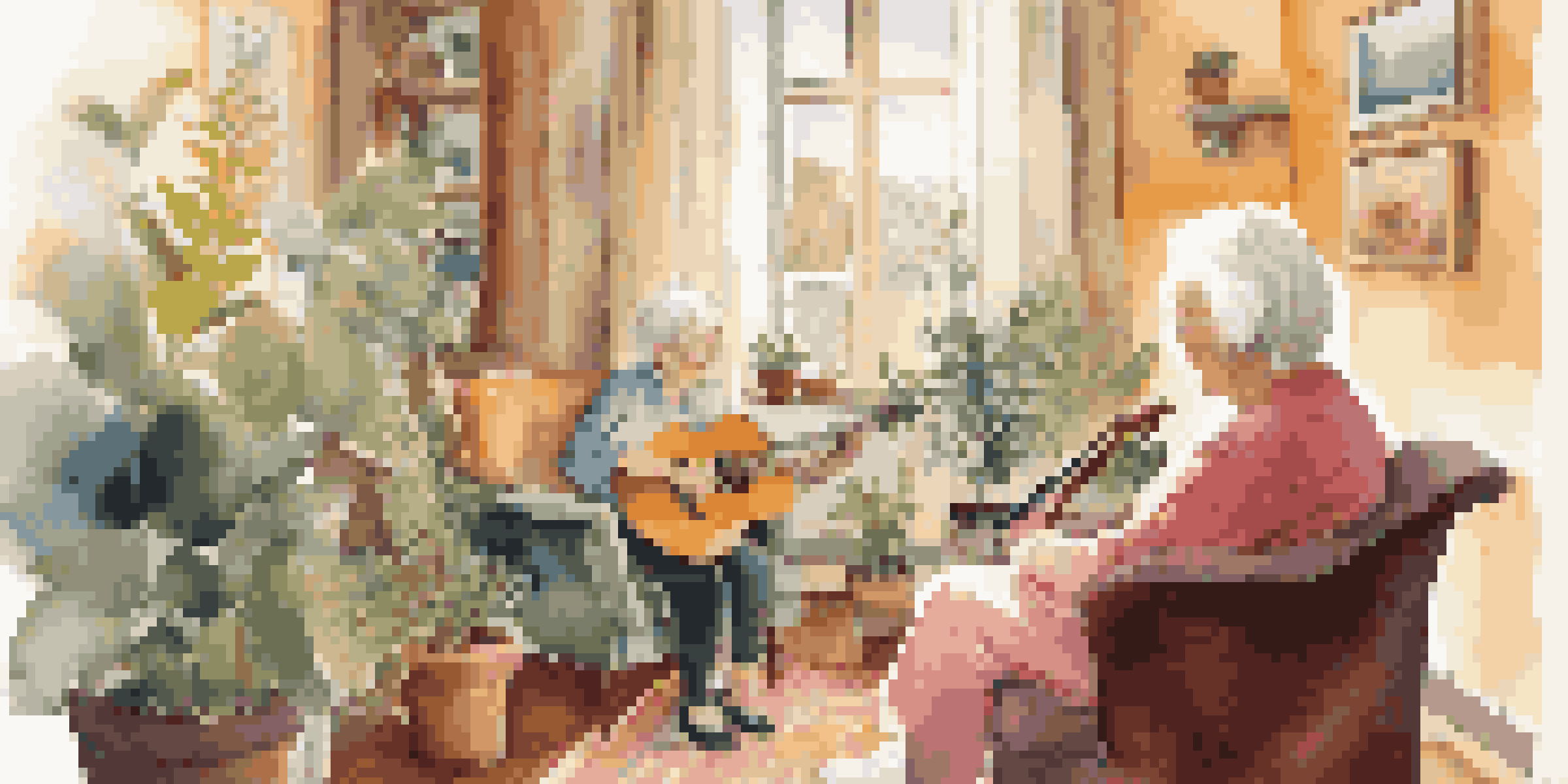 An elderly woman enjoys a music therapy session with a therapist playing guitar in a cozy, sunlit room decorated with artwork and plants.