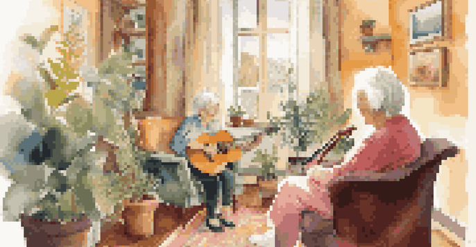 An elderly woman enjoys a music therapy session with a therapist playing guitar in a cozy, sunlit room decorated with artwork and plants.