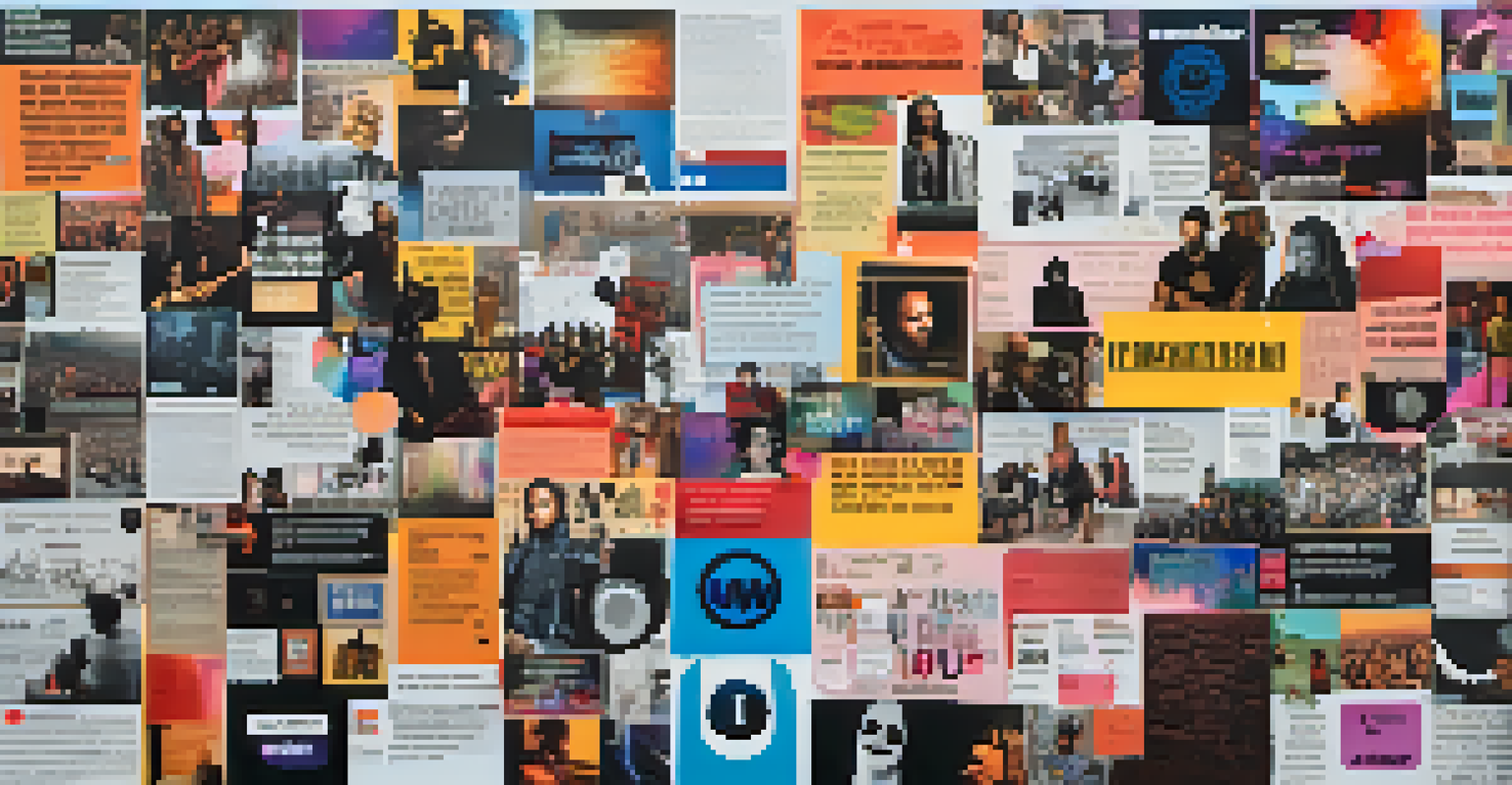 A dynamic collage of social media posts from musicians advocating for activism, with bright visuals and impactful quotes.