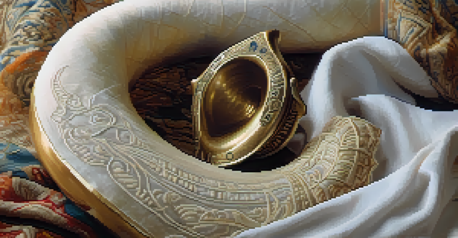 A close-up of a shofar resting on textured fabric, symbolizing spirituality and reverence.