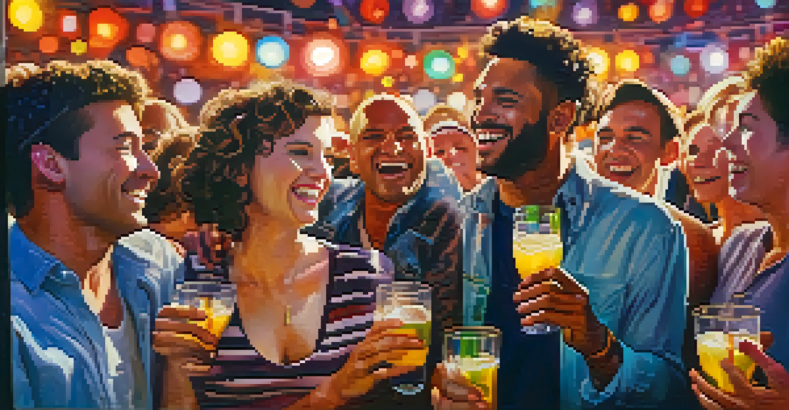 A group of friends enjoying a concert together, smiling and holding drinks with a band performing in the background.