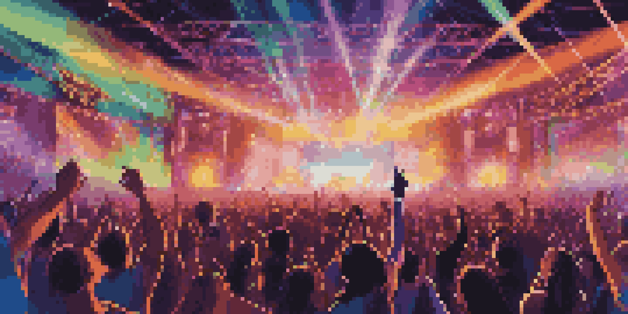 A lively electronic dance music festival at night with a colorful crowd and bright stage lights.