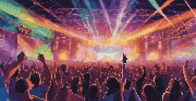 A lively electronic dance music festival at night with a colorful crowd and bright stage lights.