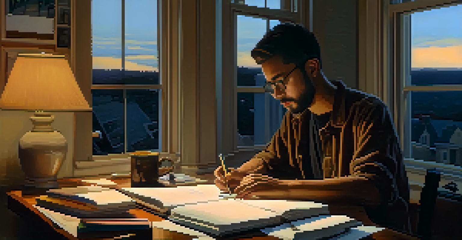 A person writing song lyrics at a desk filled with notebooks and a laptop, illuminated by a desk lamp.