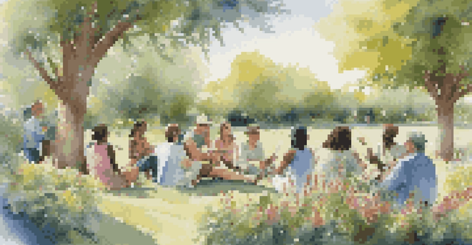 A diverse group of people gathered in a garden, listening to music and sharing memories in a serene setting.