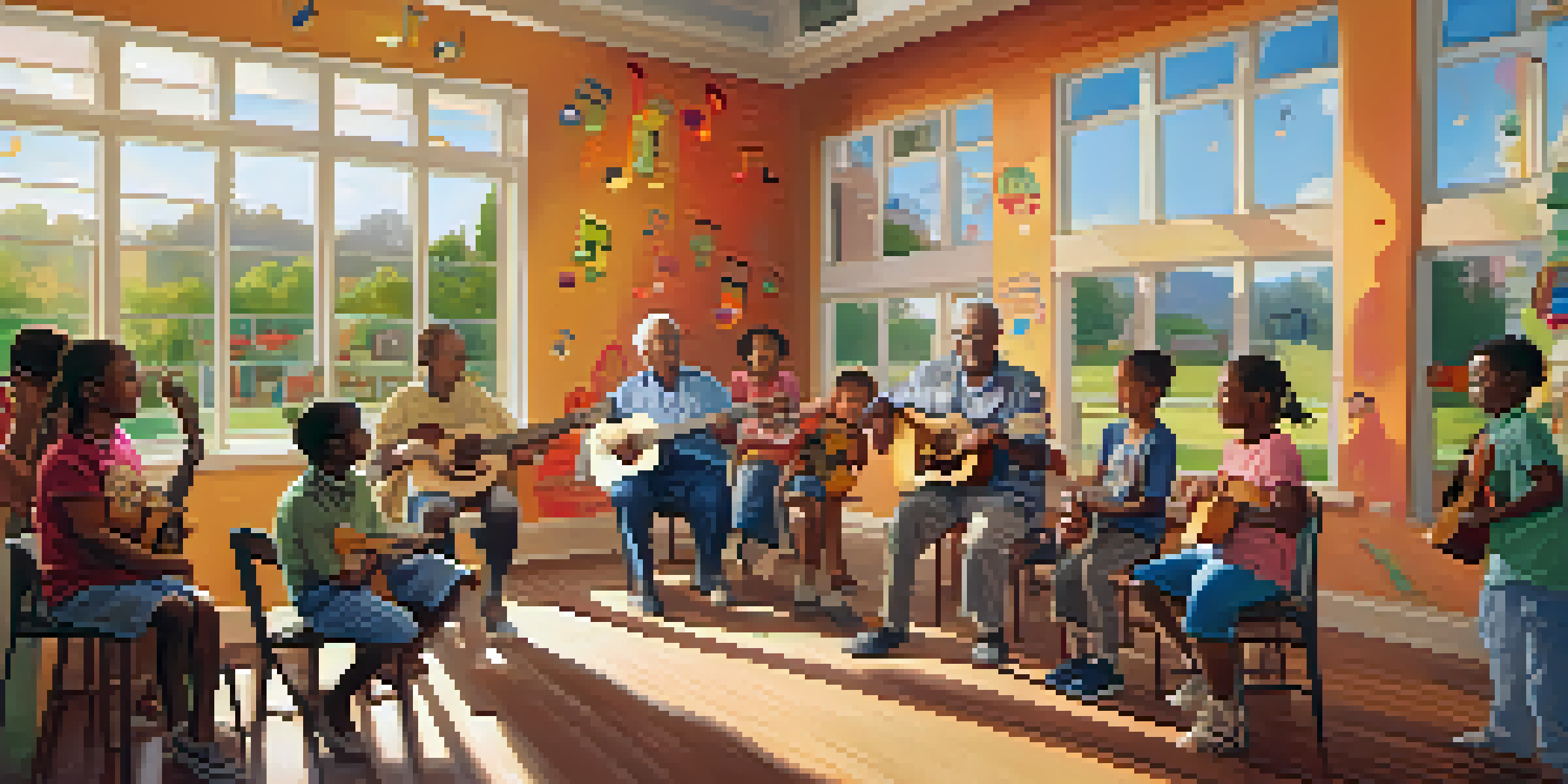 A lively intergenerational music program with seniors playing guitars and children with percussion instruments in a bright community center.