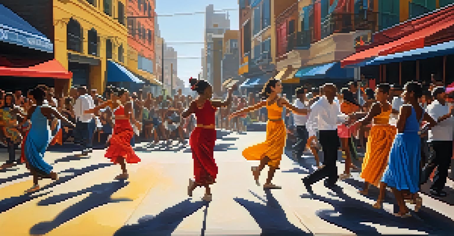 A vibrant street scene with dancers of various styles performing in front of graffiti art, with a crowd watching.