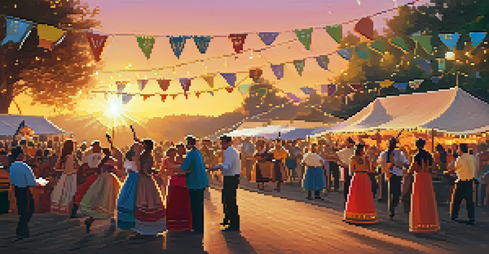 An outdoor folk music festival at sunset, with people dancing in traditional costumes and musicians playing folk instruments on stage.