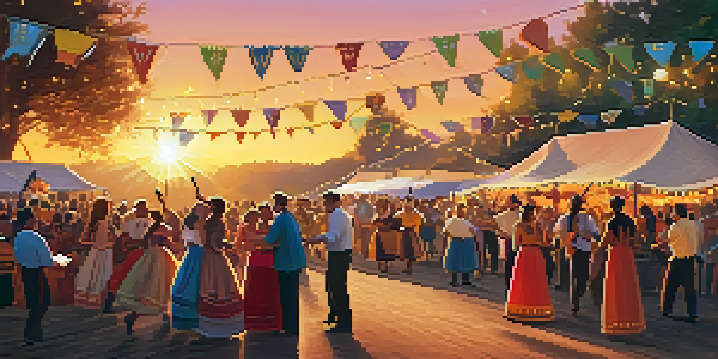 An outdoor folk music festival at sunset, with people dancing in traditional costumes and musicians playing folk instruments on stage.