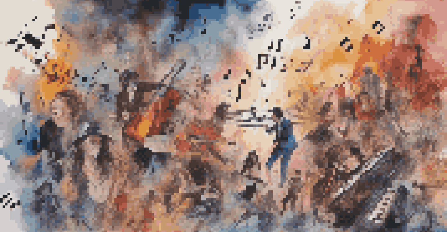 A collage of film scenes with musical notes and symbols surrounding them, representing various genres.
