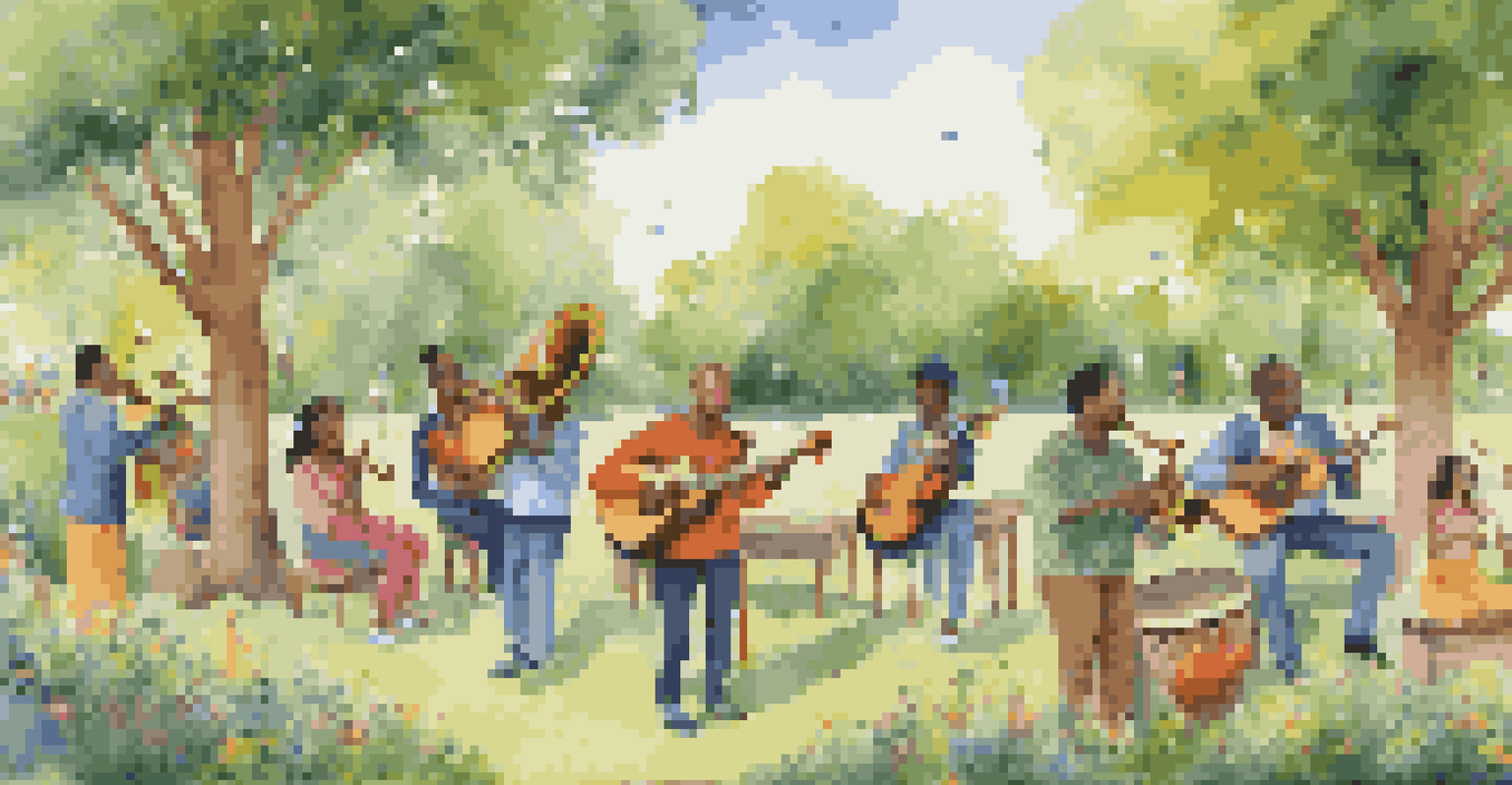 A diverse group of musicians playing instruments in a sunny park, surrounded by nature and joyful children.