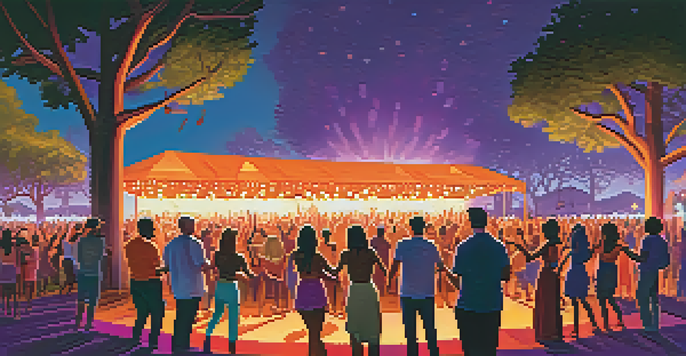 A lively music festival at sunset with a diverse crowd dancing and vibrant stage lights.