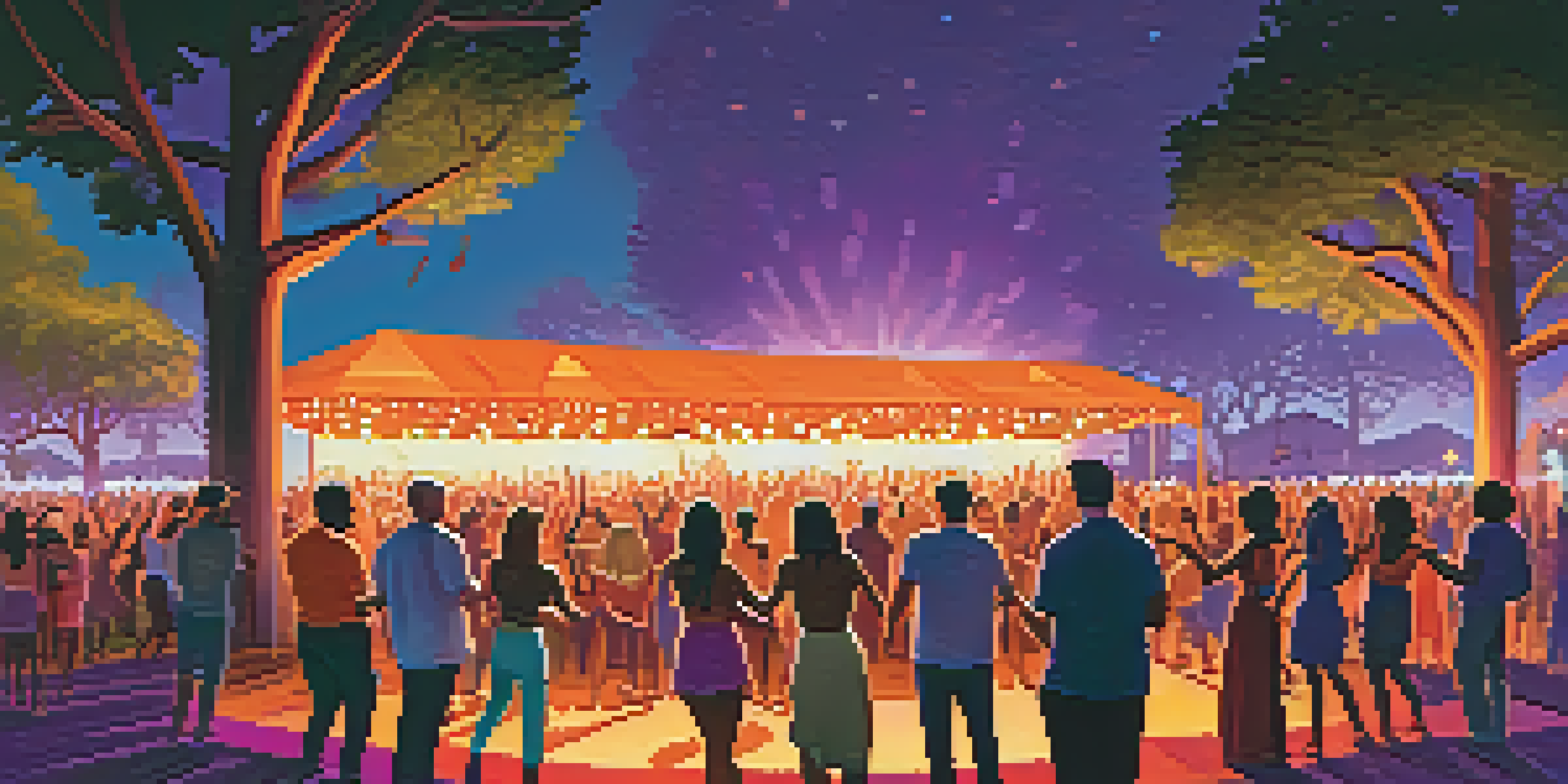 A lively music festival at sunset with a diverse crowd dancing and vibrant stage lights.