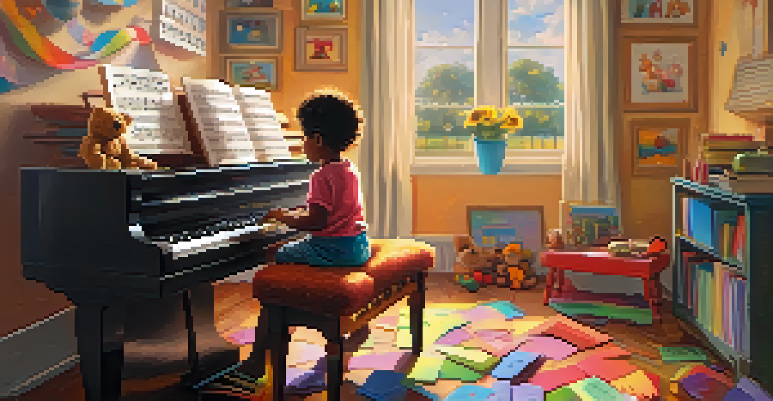 A child happily playing the piano in a cozy living room, with colorful sheet music around.