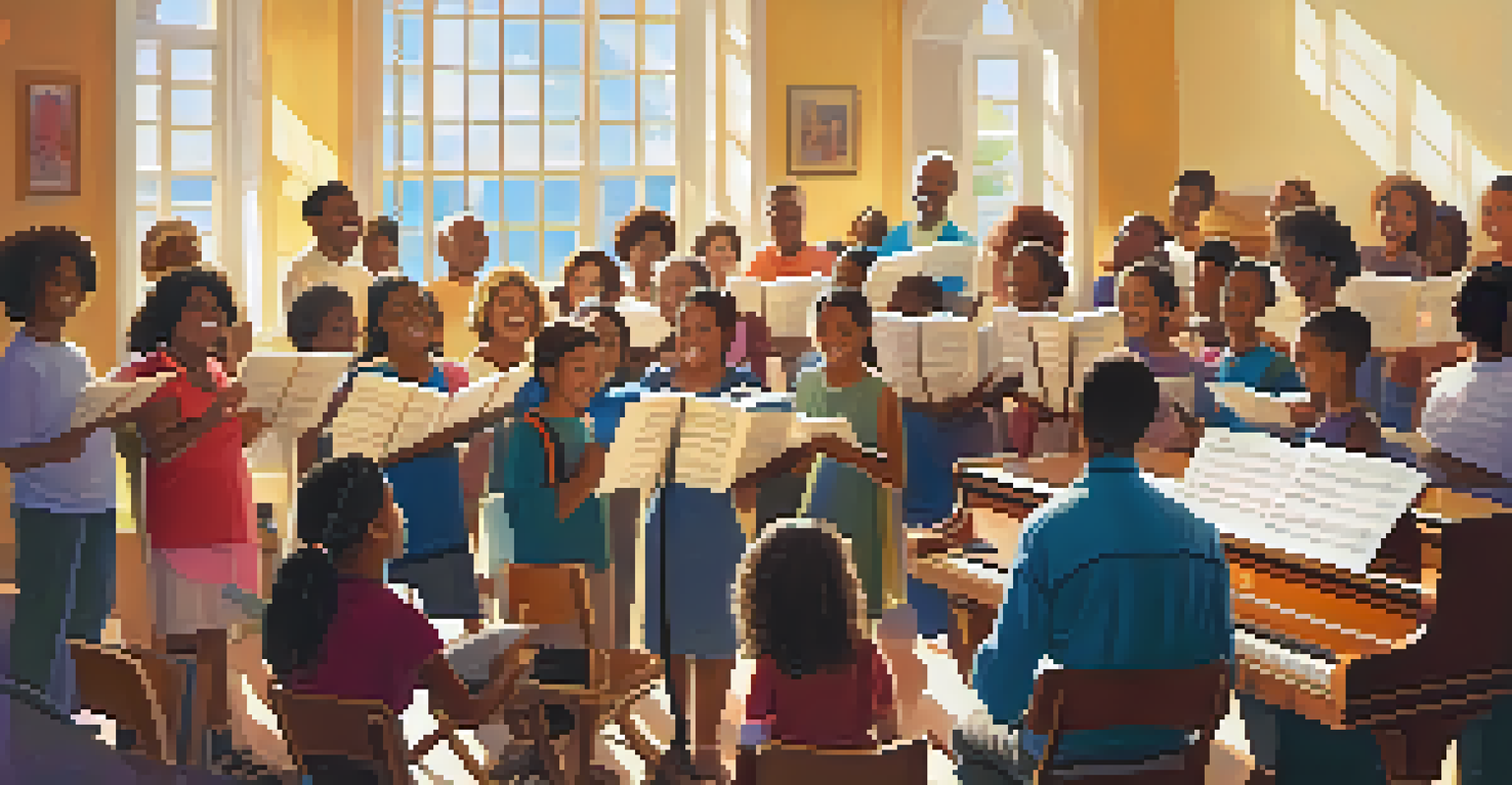 A community choir rehearsal with diverse singers harmonizing in a bright room.