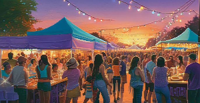 A lively outdoor music festival with attendees enjoying gourmet food from colorful food trucks under a sunset sky.