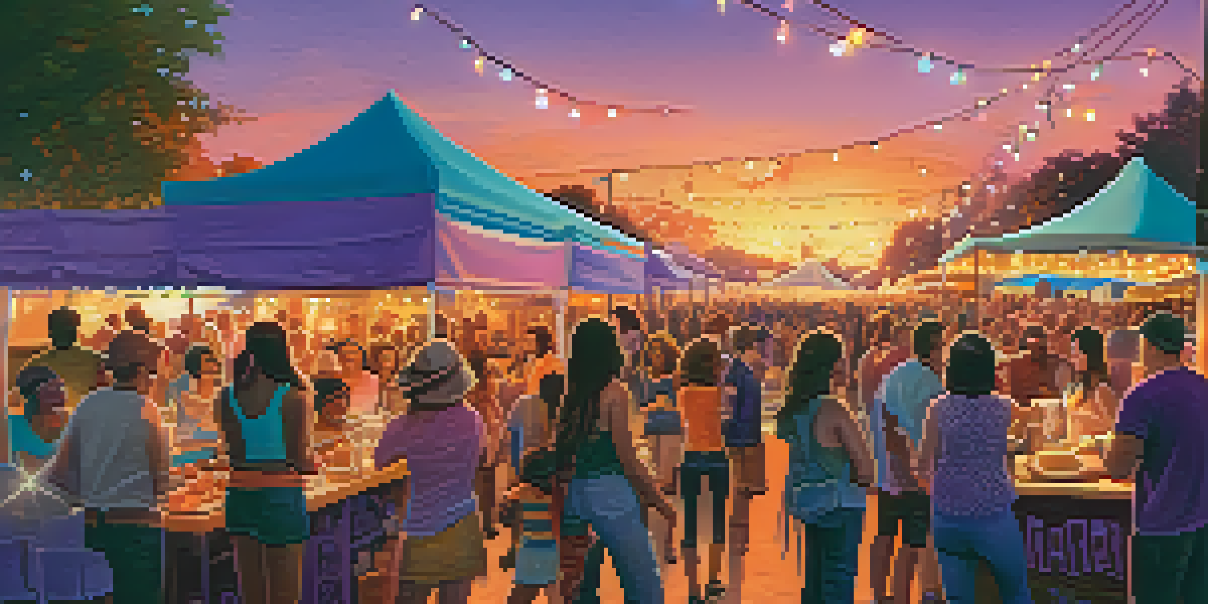 A lively outdoor music festival with attendees enjoying gourmet food from colorful food trucks under a sunset sky.