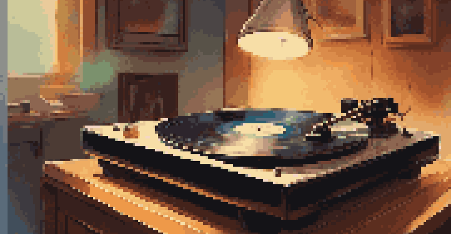 A close-up of a spinning vinyl record on a turntable with warm lighting and a cozy room in the background.