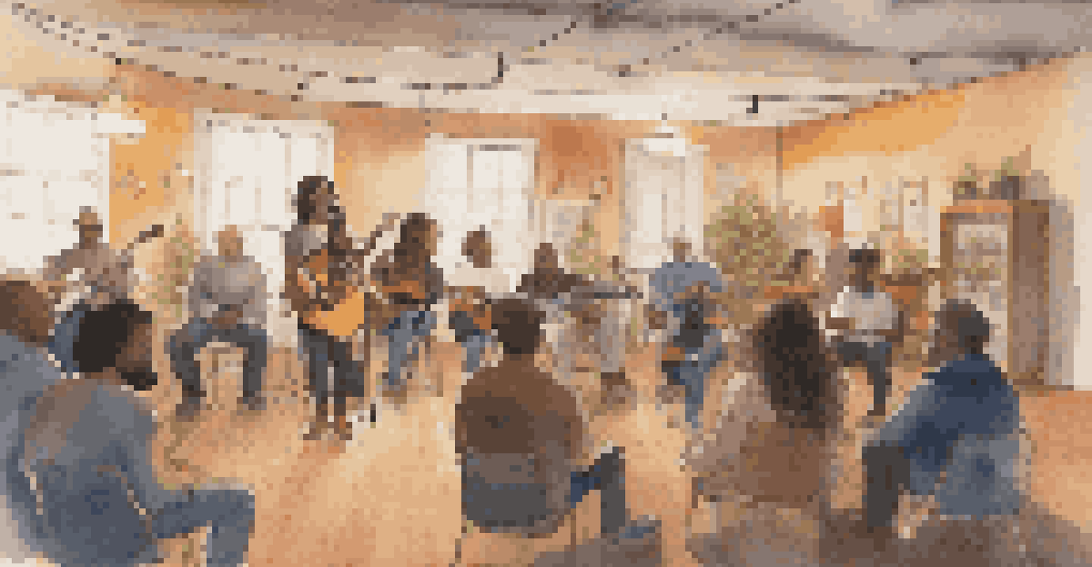An intimate open mic night at a community center, with a musician performing at the microphone and an audience listening attentively in a warmly lit room.