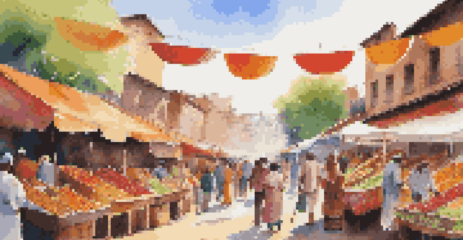 A colorful market scene filled with fruits, vegetables, and handmade crafts during a cultural festival, with diverse people interacting and traditional music instruments on display.