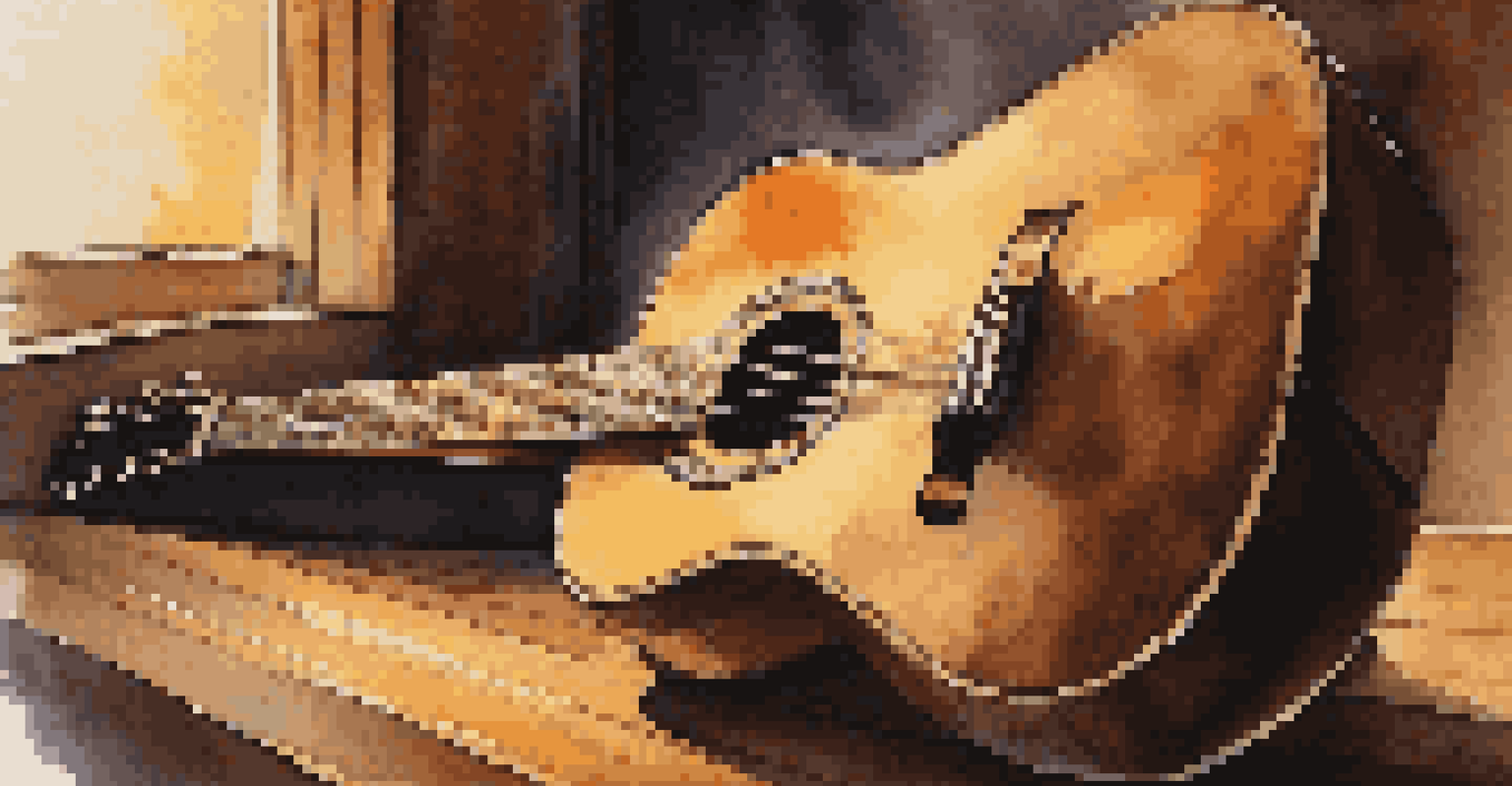 A close-up of a vintage acoustic guitar on a wooden stage with soft lighting.