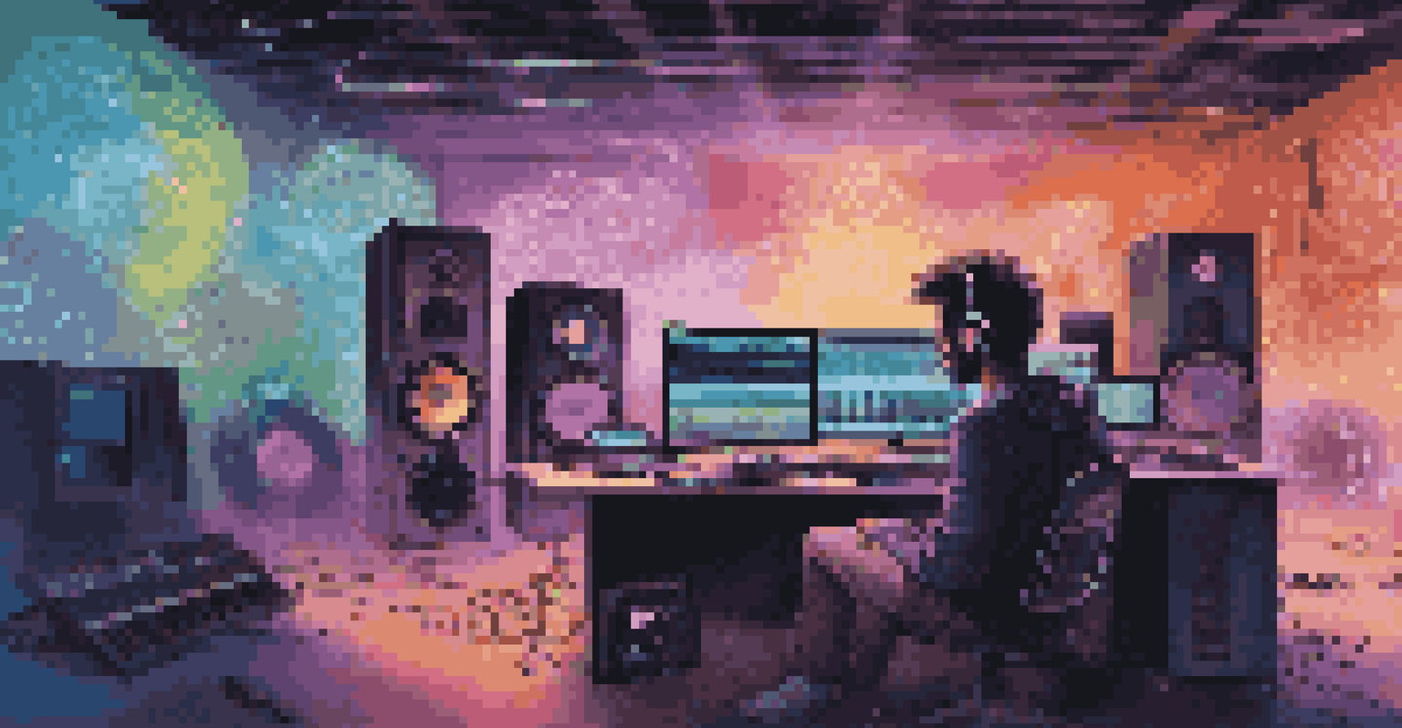 A contemporary musician using digital equipment to create music, with vibrant lights and sound wave graphics in the background.