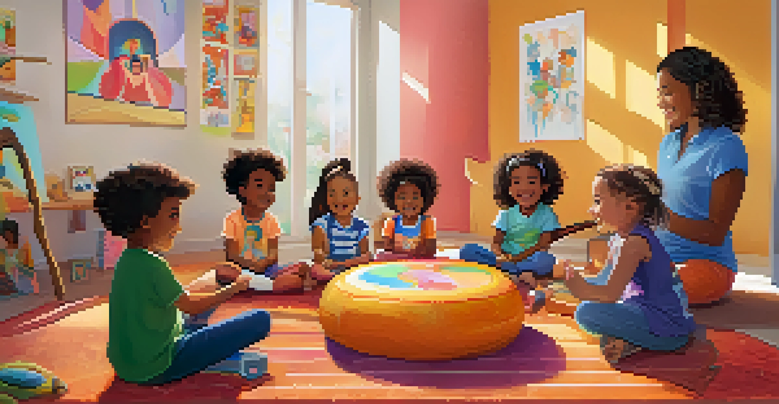 A group of children in a circle, happily participating in a music therapy session with various instruments, led by a supportive therapist.