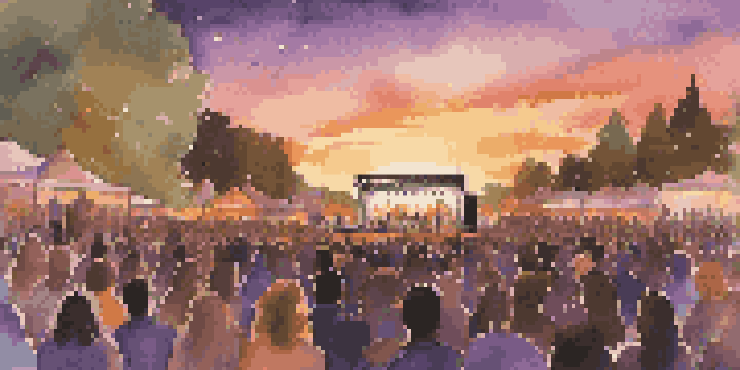 An outdoor concert at sunset with a diverse crowd enjoying live music, warm lights illuminating the stage, and vibrant sunset colors in the sky.