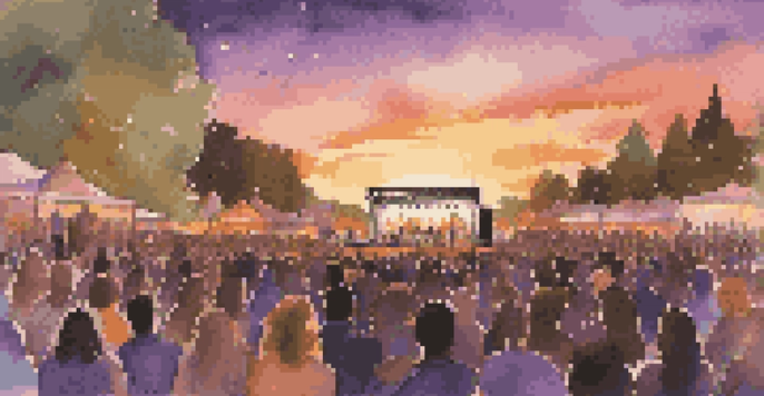An outdoor concert at sunset with a diverse crowd enjoying live music, warm lights illuminating the stage, and vibrant sunset colors in the sky.