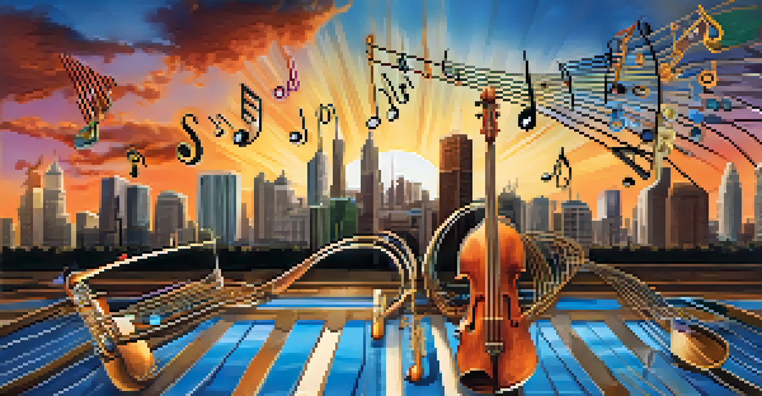 Musical notes flowing through a diverse cityscape, with various architectural styles and instruments, illuminated by a beautiful sunset.