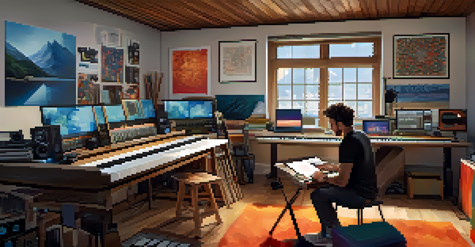 A musician in a modern studio surrounded by instruments and computer screens, composing a new folk song with a blend of traditional and digital elements.