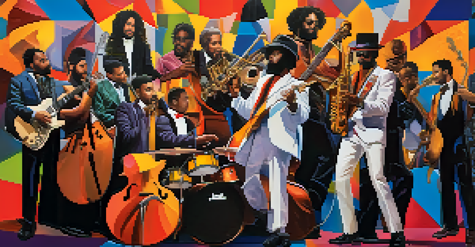 A colorful collage of iconic musicians from various genres, surrounded by abstract shapes and musical notes, representing cultural influences.