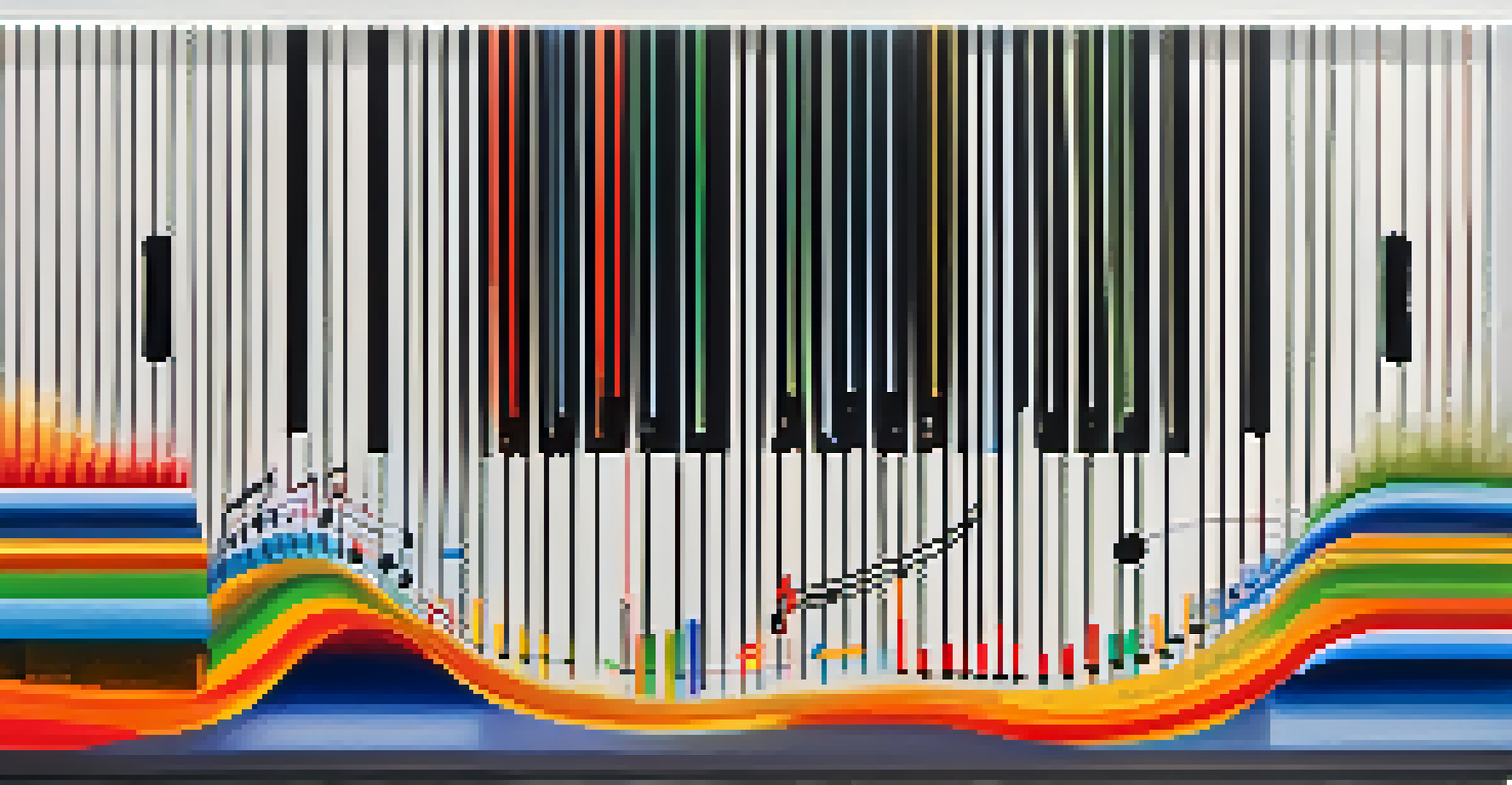 An abstract illustration of sound sampling with audio waveforms and musical notes in a colorful background.