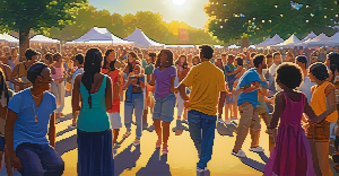 A lively outdoor music festival with diverse people dancing and enjoying performances in a park during sunset.