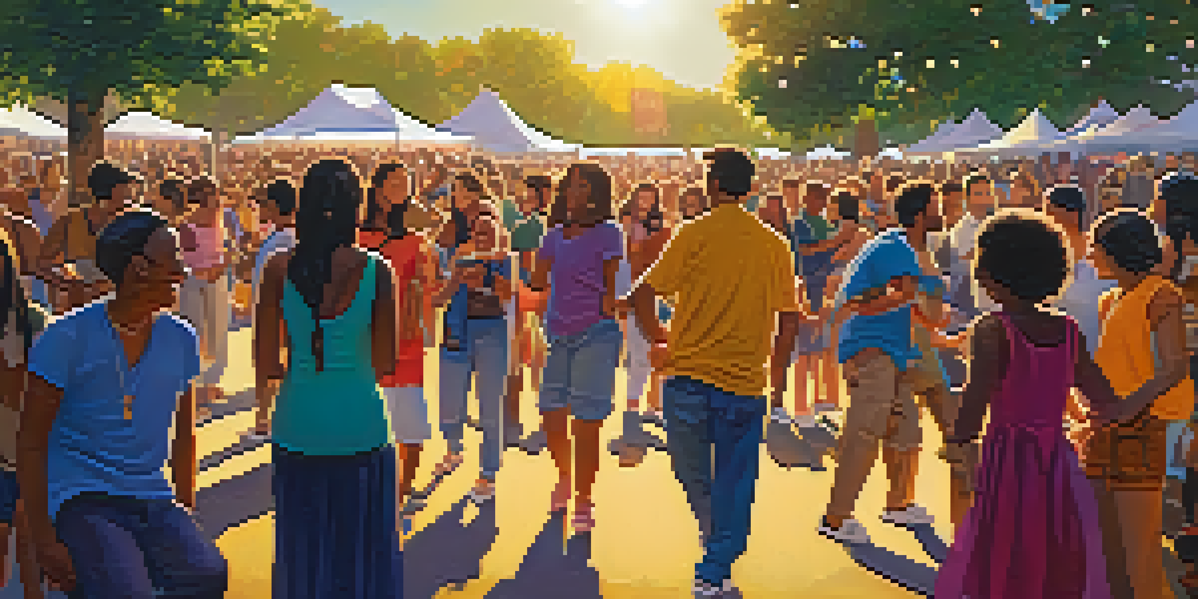 A lively outdoor music festival with diverse people dancing and enjoying performances in a park during sunset.